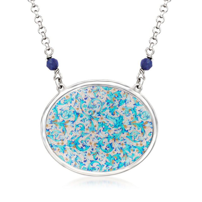 Sterling silver round pendant necklace with blue Florentine pattern and lapis bead