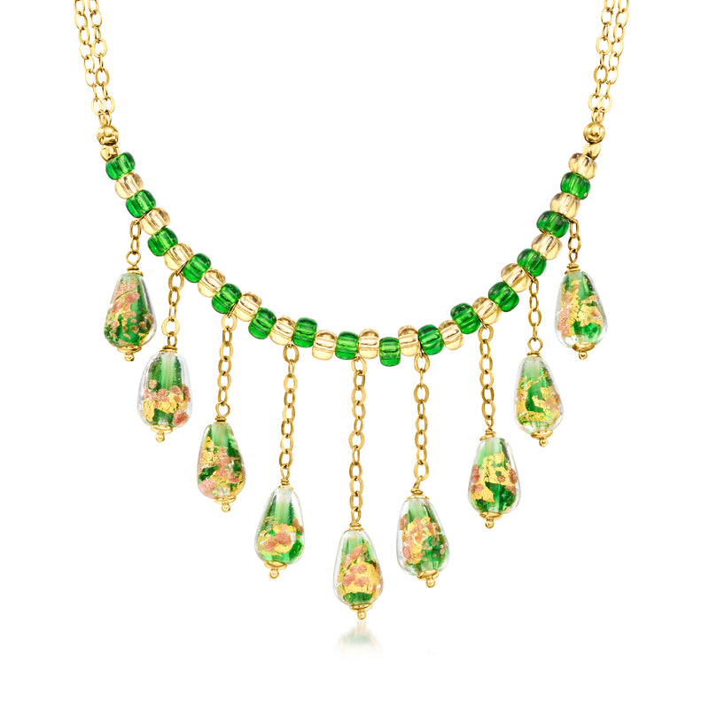 Gold over sterling necklace with green teardrop glass bead drops on chain