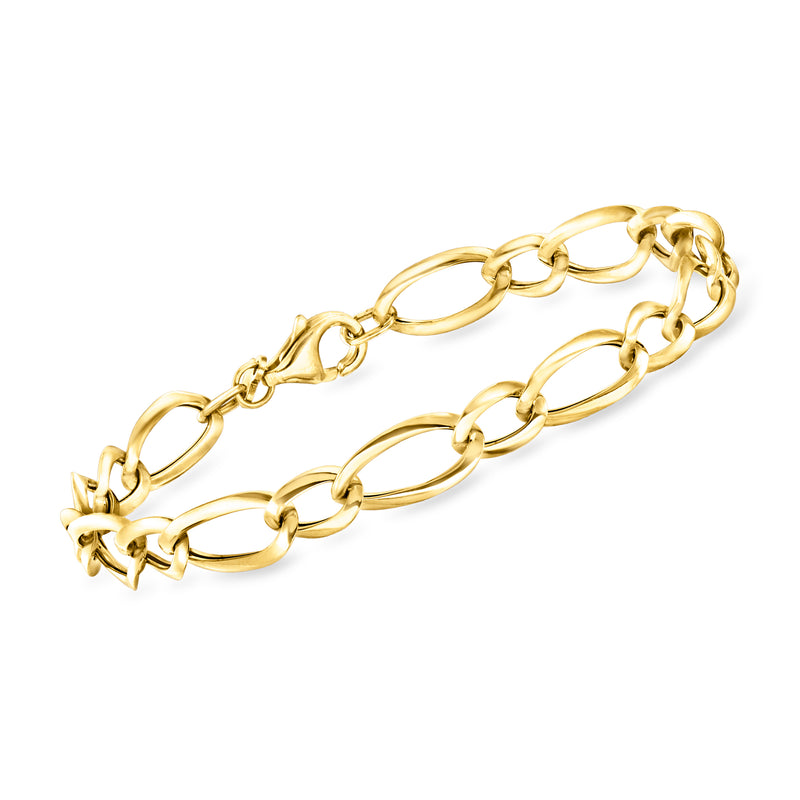 Yellow gold oval-link bracelet with polished clasp and ring details