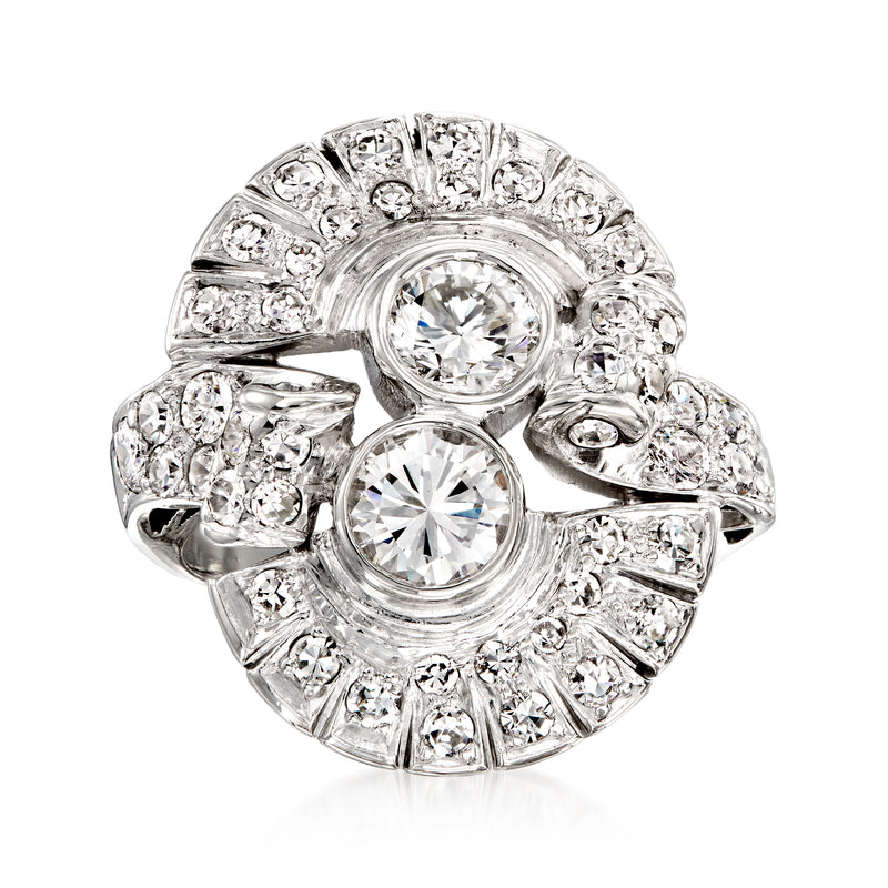 Platinum vintage diamond cocktail ring with round center stones and diamond halo