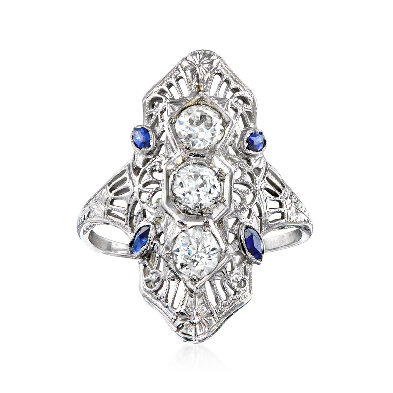 Vintage filigree diamond ring in 18kt white gold with blue lab-grown sapphire accents