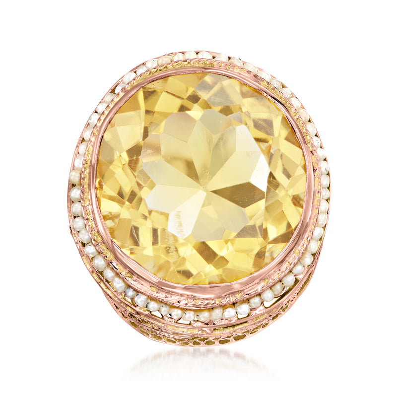 Two-tone gold oval citrine ring with seed pearl halo and beaded shoulders