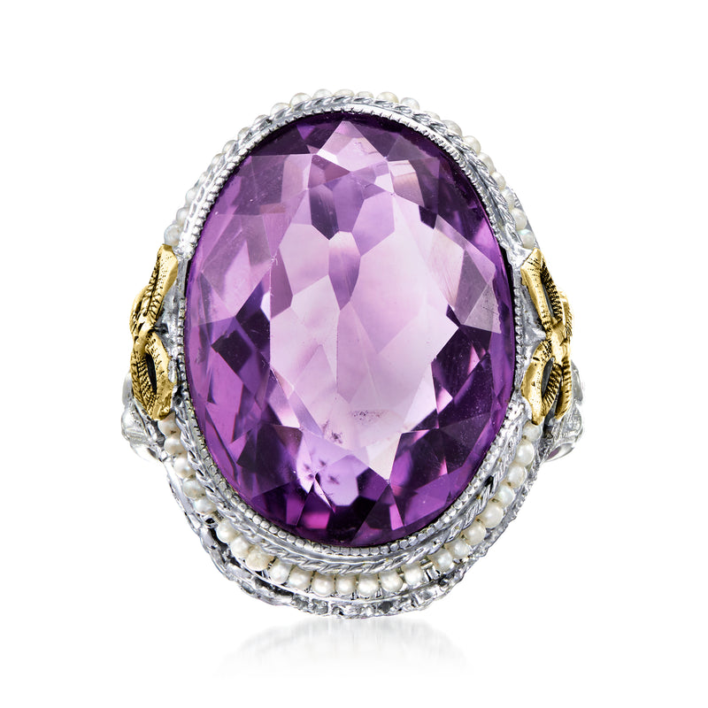 Oval amethyst filigree bow ring with pearl border, in white gold, gold accents