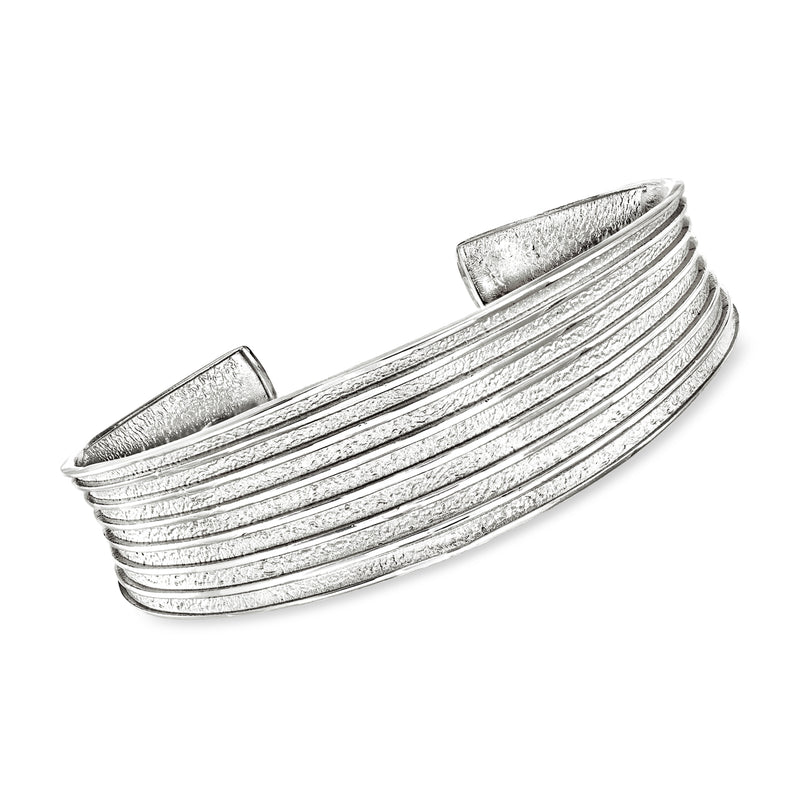 Sterling silver striped cuff bracelet with curved ridged bands