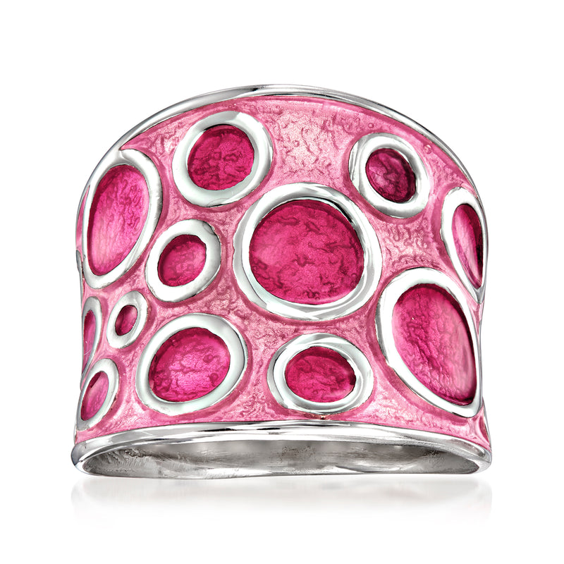 Pink enamel circle-pattern sterling silver ring, domed face, wide band