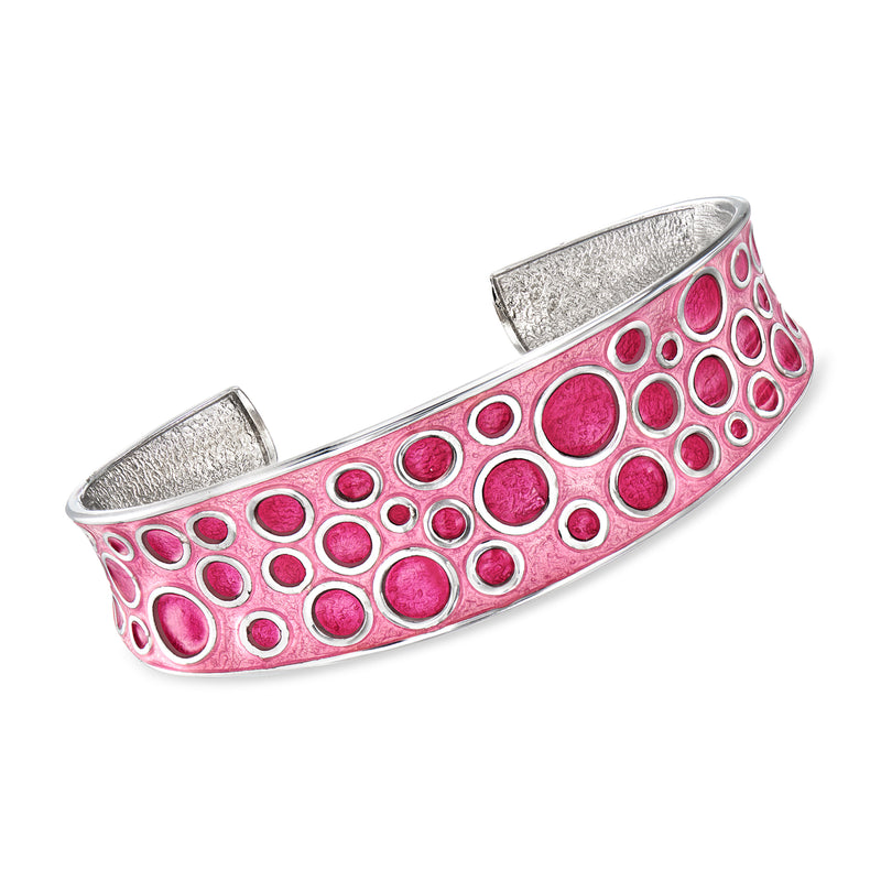 Sterling silver cuff bracelet with pink enamel circular mosaic pattern
