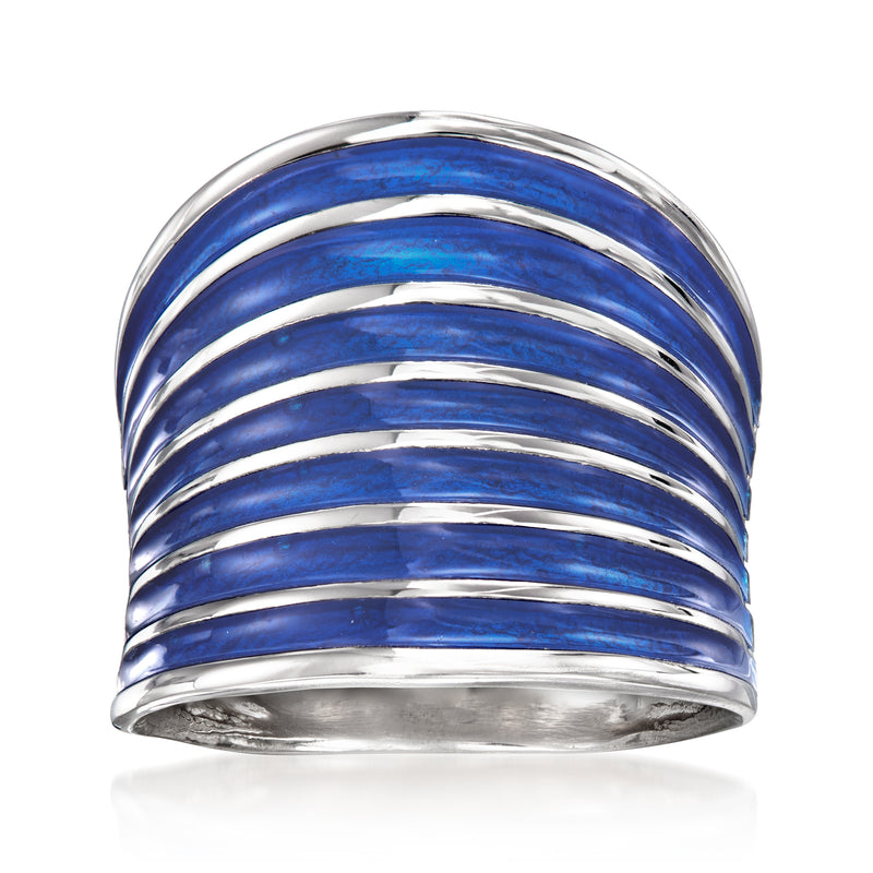 Sterling silver ring with glossy blue striped inlay and rounded band top