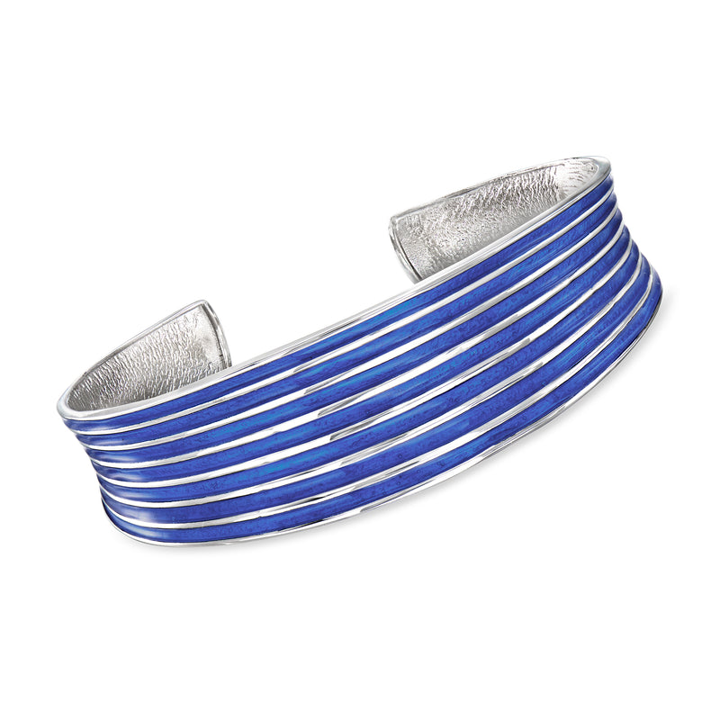 Sterling silver cuff bracelet with blue enamel striped bands and hinged clasp