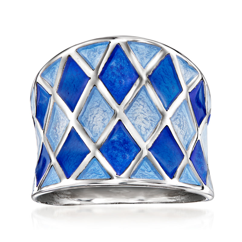 Sterling silver ring with blue enamel harlequin lattice pattern, domed top