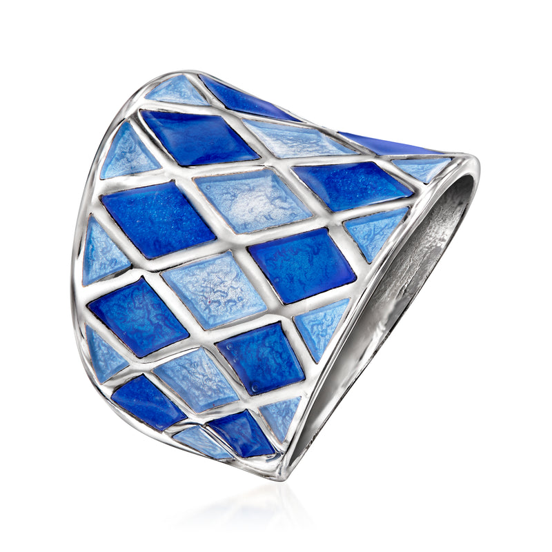 Sterling silver blue enamel ring with diamond lattice pattern, angled side view