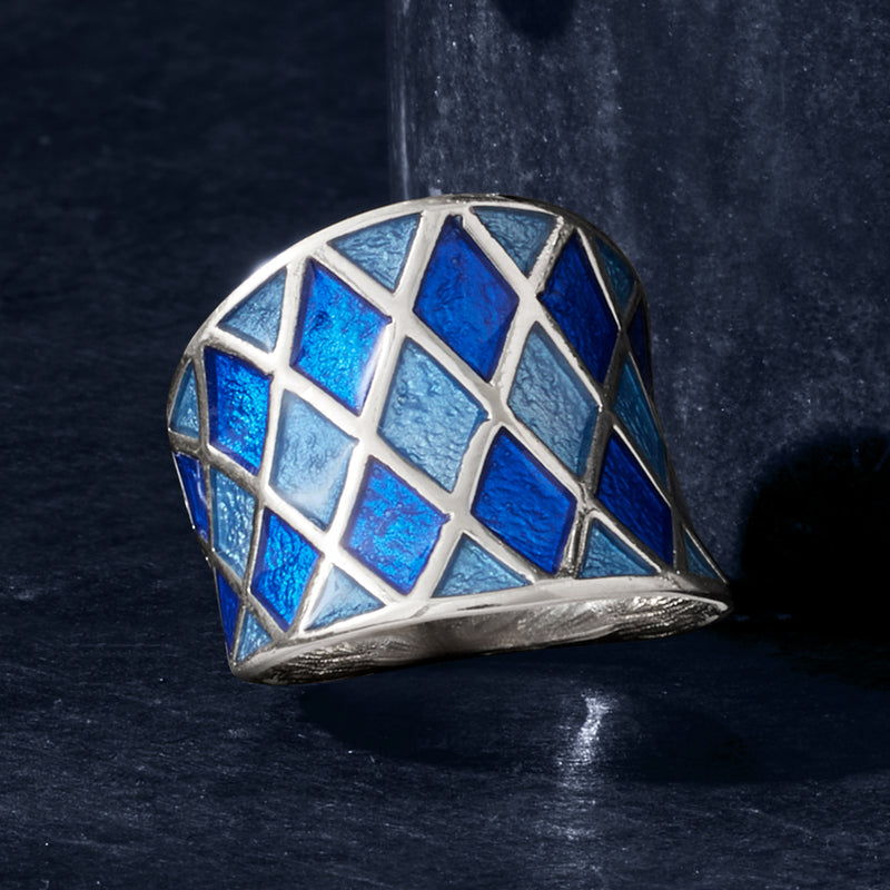 Sterling silver ring with blue enamel lattice in geometric blocks, wide band