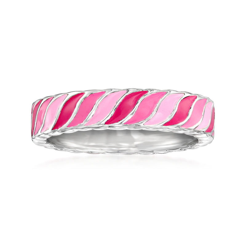 Sterling silver ring with pink enamel swirl bands around the top