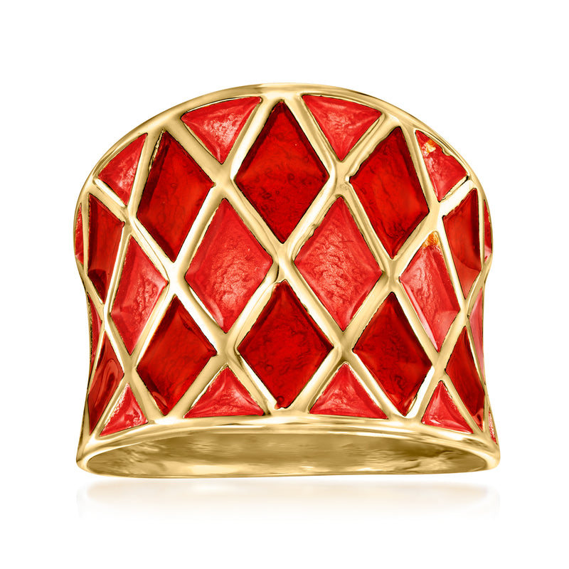18kt yellow gold over sterling ring with red and pink enamel harlequin lattice design