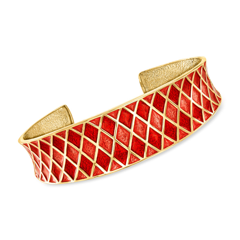 18kt gold over sterling cuff bracelet with red and pink harlequin lattice enamel