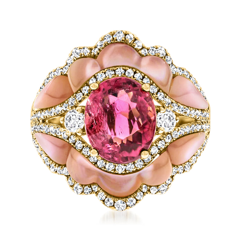 14kt yellow gold ring with pink tourmaline center, diamond halo, pink mother-of-pearl petals