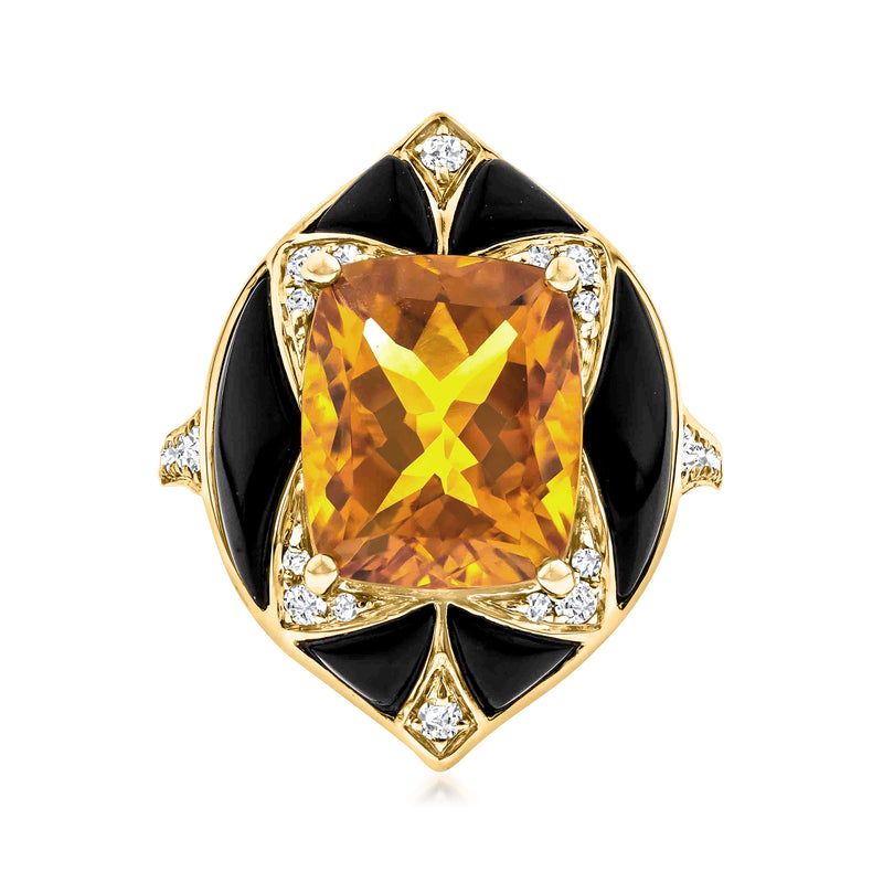 14kt yellow gold ring with rectangular citrine center, black onyx petals, diamond accents