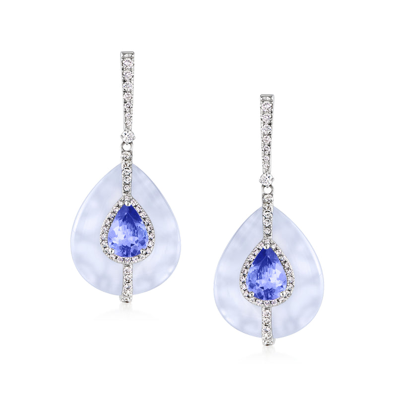 18kt white gold drop earrings with blue chalcedony teardrop and diamond accents