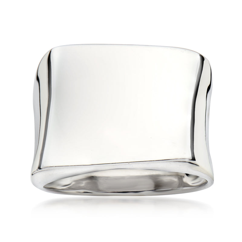 Sterling silver asymmetrical square-top ring, wide band, polished finish