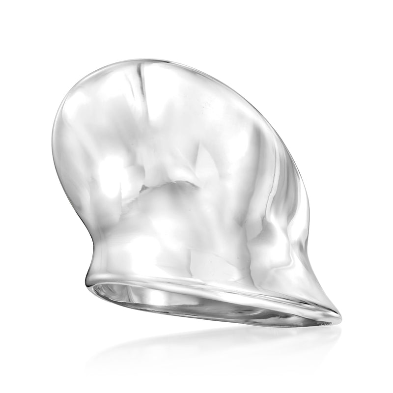 Asymmetrical sterling silver ring with high-polish, teardrop profile