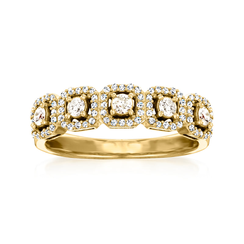18kt gold over sterling five-stone diamond ring with three square centers and round accents