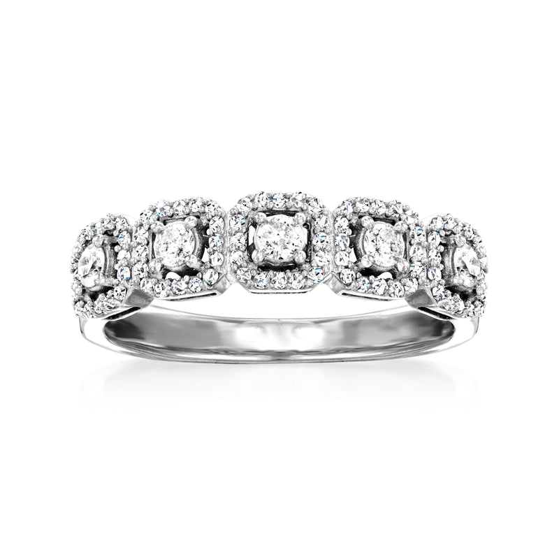 Sterling silver five-stone diamond ring with cushion-cut center and halo settings