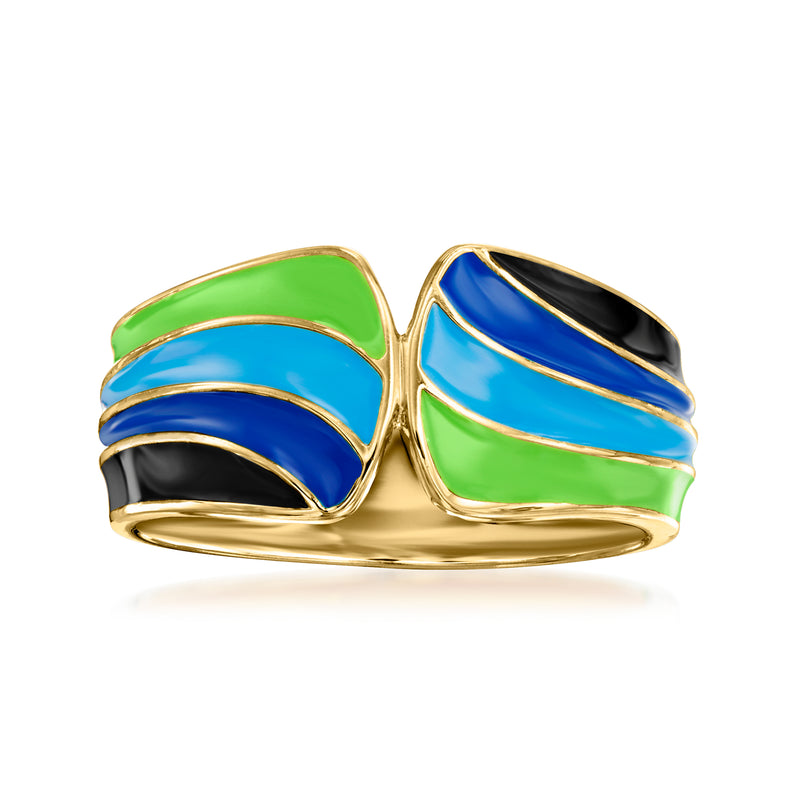 Gold-plated enamel ring with green, blue, and black swirling bands
