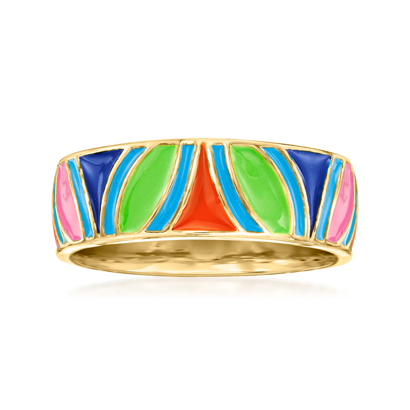 Gold over sterling enamel ring with colorful striped bands in blue, green, pink.