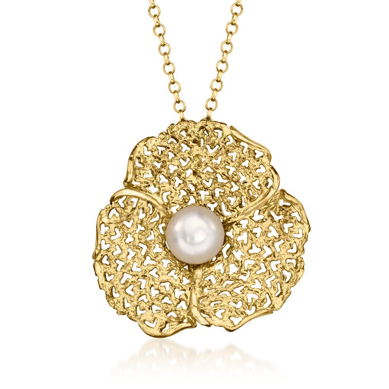 Gold openwork flower pendant necklace with round cultured pearl, linked chain