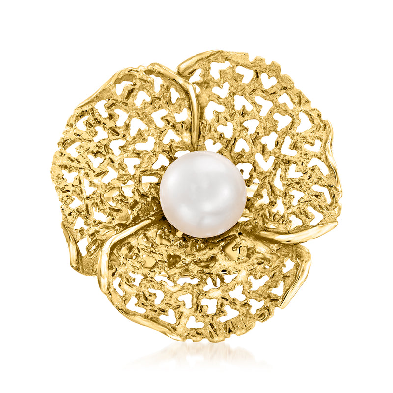 Gold-tone openwork flower ring with round white cultured pearl center