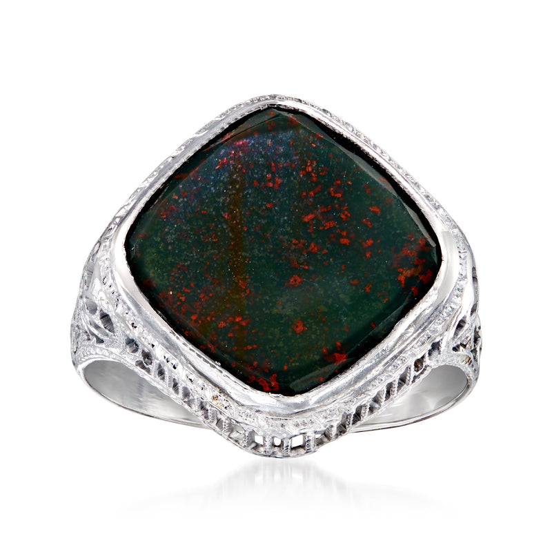 Vintage white gold ring with oval bloodstone cabochon, red flecks, filigree bezel
