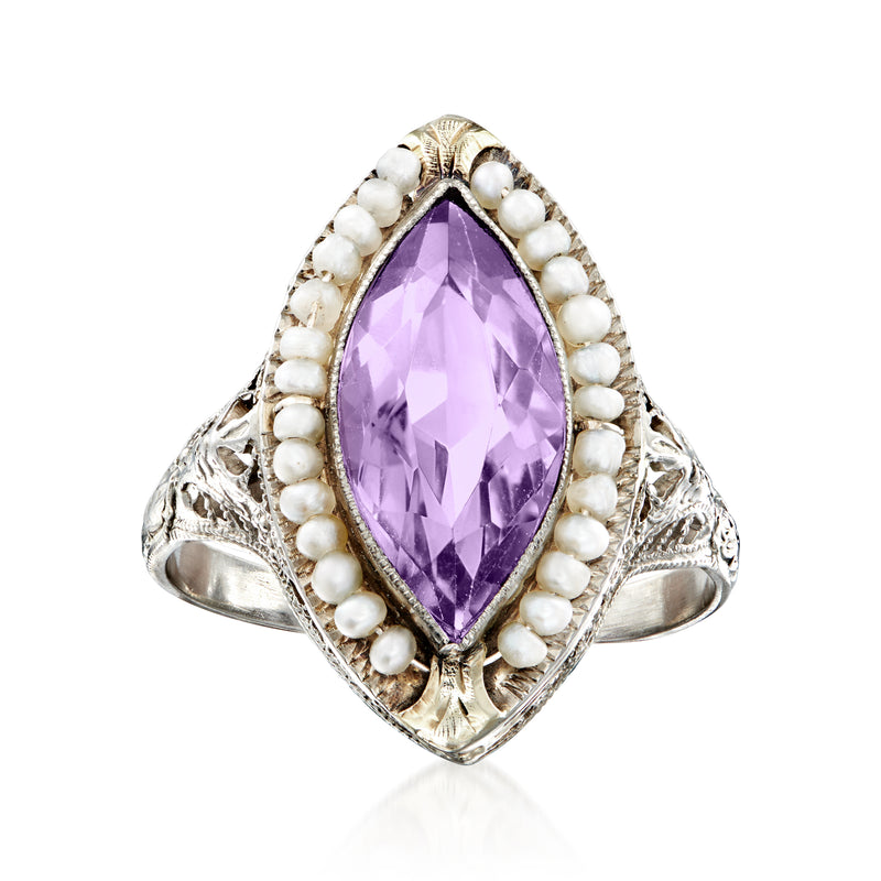 Amethyst and pearl navette ring in 14kt white gold with oval purple stone