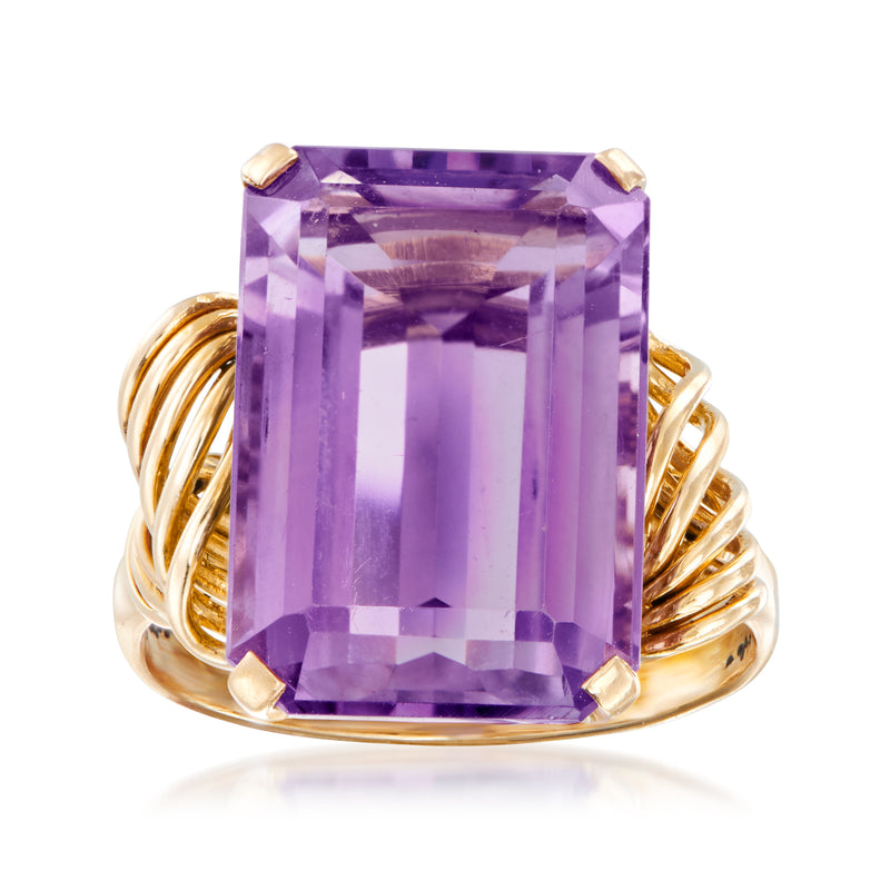 Vintage 18kt yellow gold amethyst square-cut ring, faceted gemstone bezel, twisted band