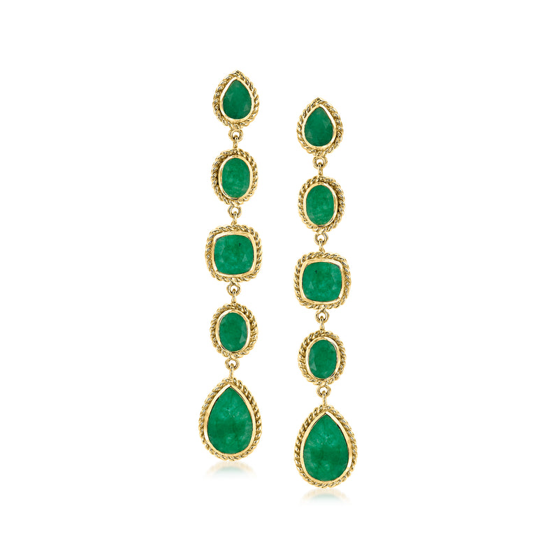 Gold drop earrings with five green oval gemstones and halo-style settings