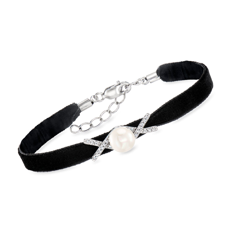 Black velvet bracelet with sterling silver chain, cultured pearl center, diamond accents