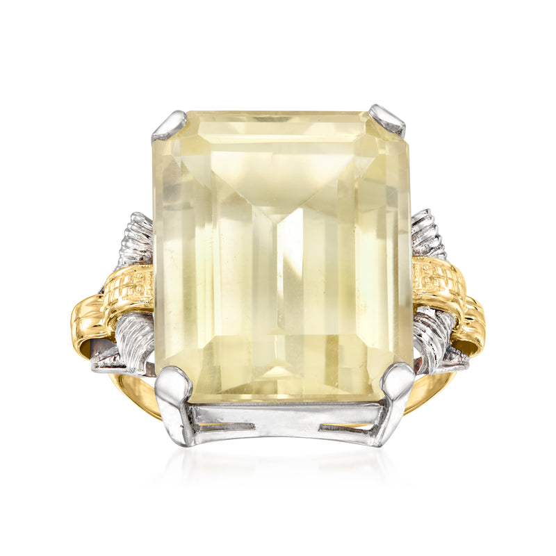 18kt yellow gold cocktail ring with large light yellow square citrine center and platinum prongs
