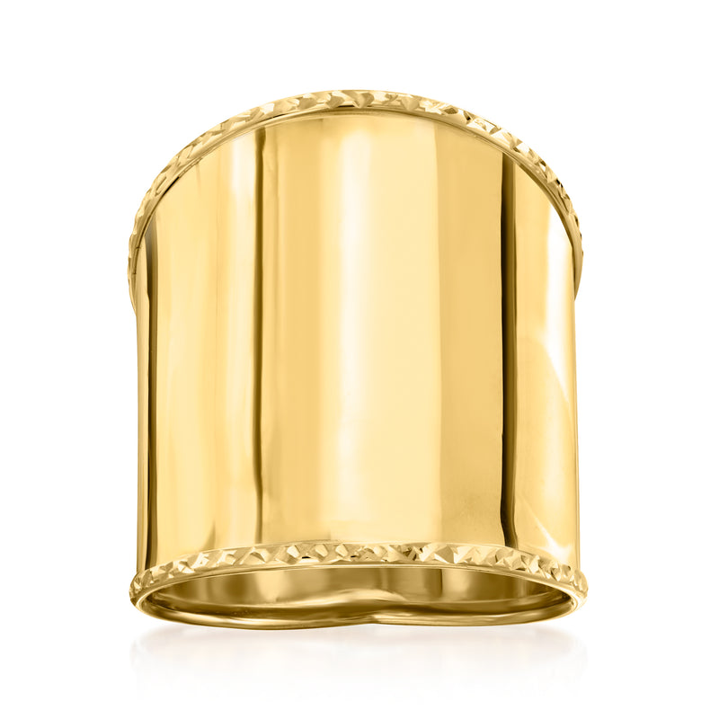 14kt yellow gold wide ring with textured top edge and polished reflective finish