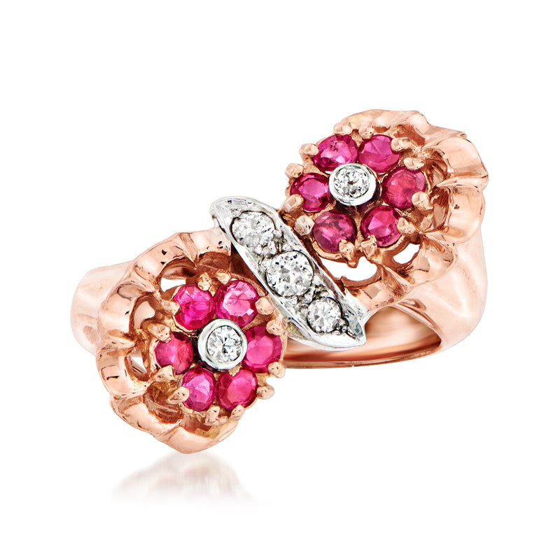 14kt rose gold ruby and diamond flower bypass ring with two cluster settings
