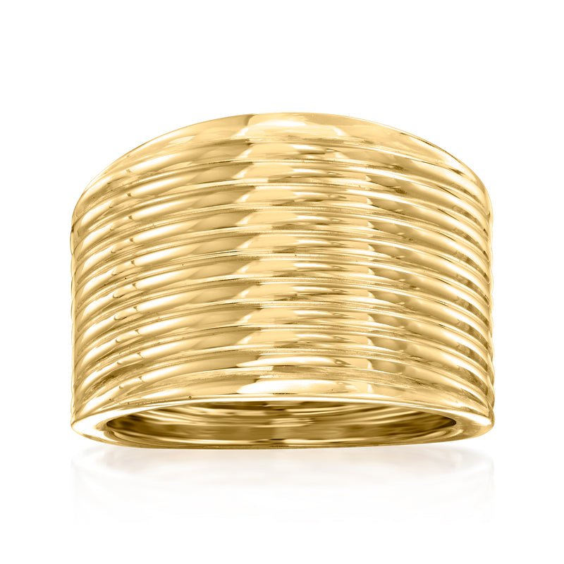 14kt yellow gold ridged cuff-style ring, wide band with horizontal grooves