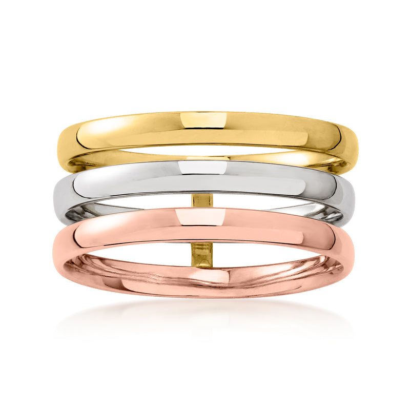Tri-colored 14kt gold three-row ring with polished yellow, white, and rose bands
