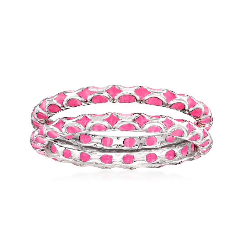 Two pink enamel eternity band rings in sterling silver, stacked view
