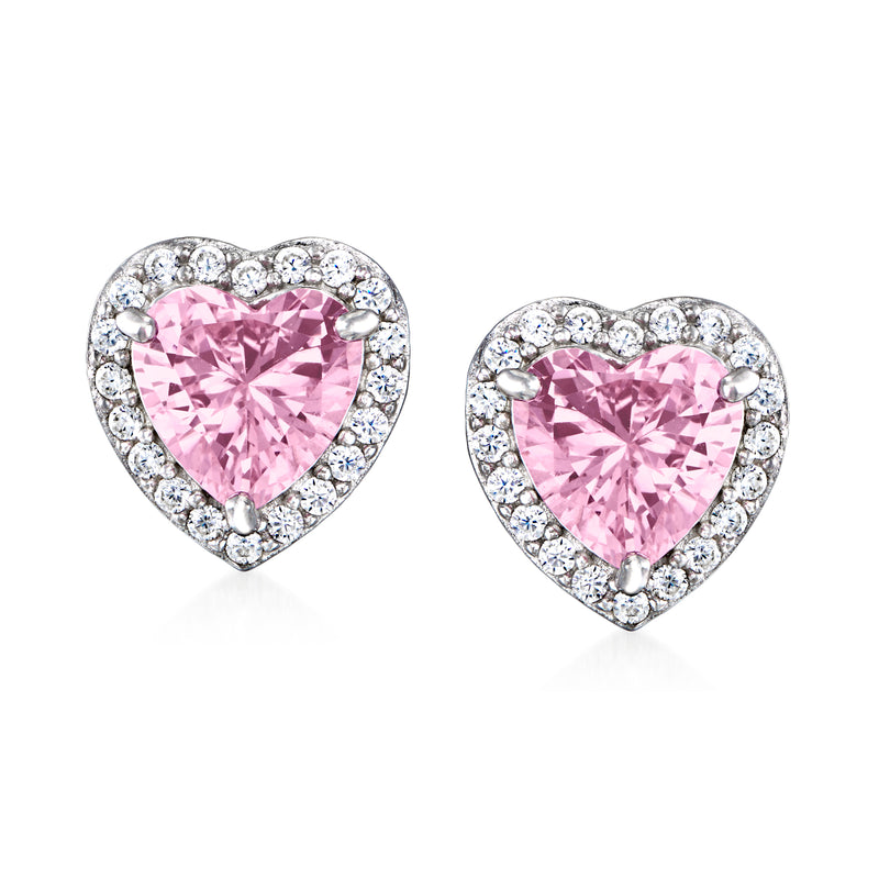 Heart post earrings in sterling silver with pink simulated stones and CZ halo
