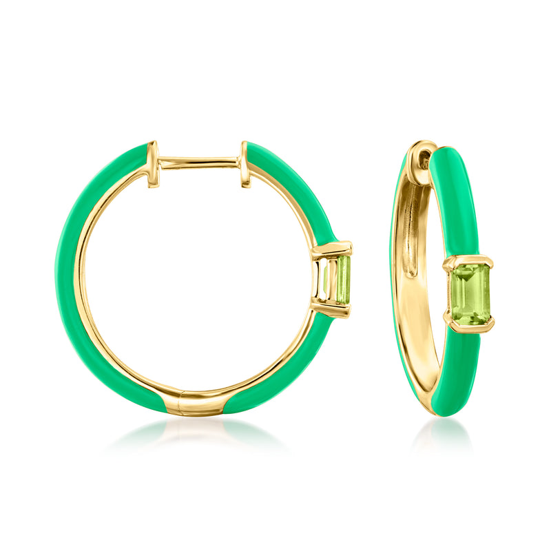 Green enamel hoop earrings with gold posts and hinge, polished gold trim