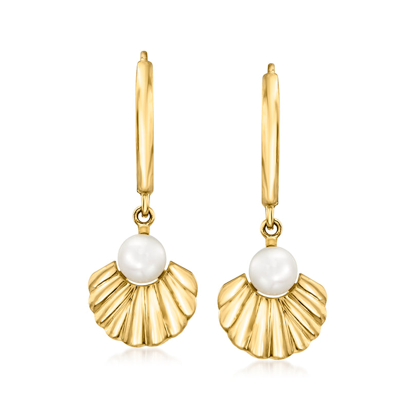 14kt yellow gold hoop drop earrings with round pearl and seashell fan charm