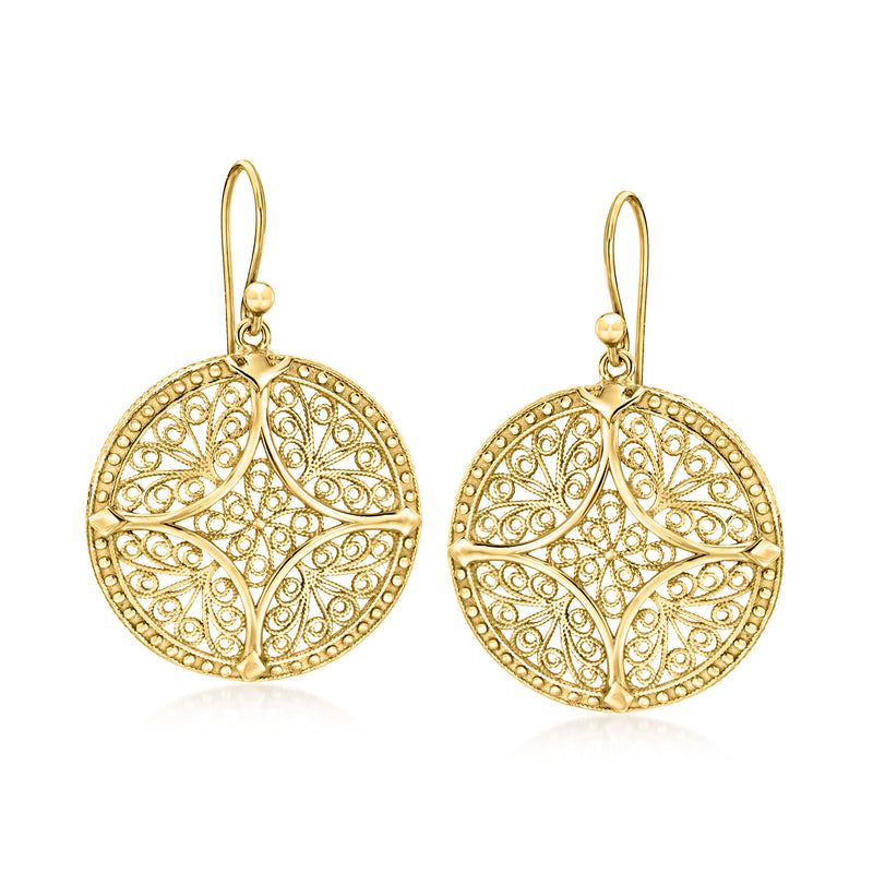 18kt gold over sterling filigree circle drop earrings, round disc with ornate cutout
