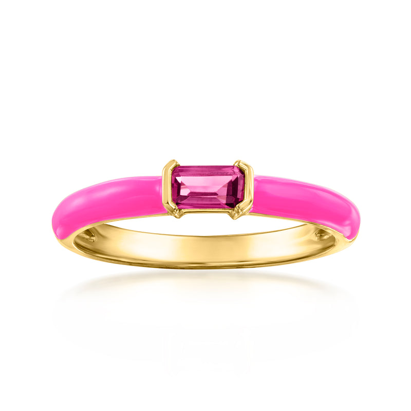 Pink enamel band ring with pink gemstone bezel in gold tone setting