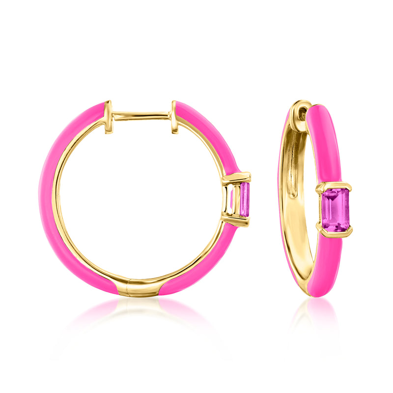Pink enamel hoop earrings with square rhodolite garnet accents, 18kt gold over sterling.