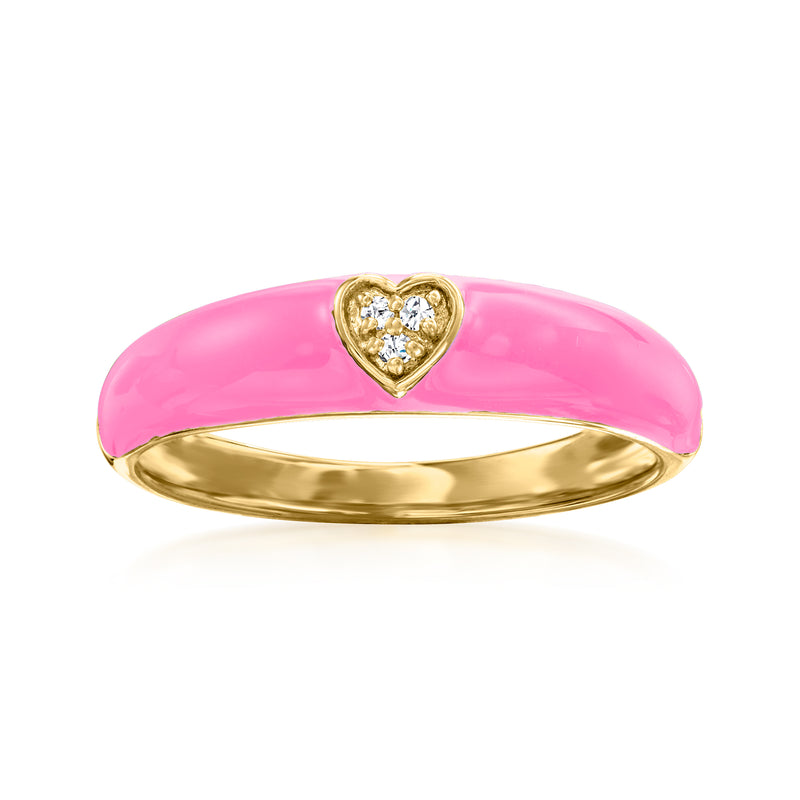 Pink enamel heart ring with diamond-like stones in gold-tone band