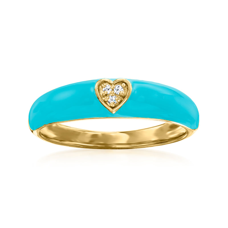 Turquoise enamel heart ring in 18k gold over sterling, diamond accents in gold heart