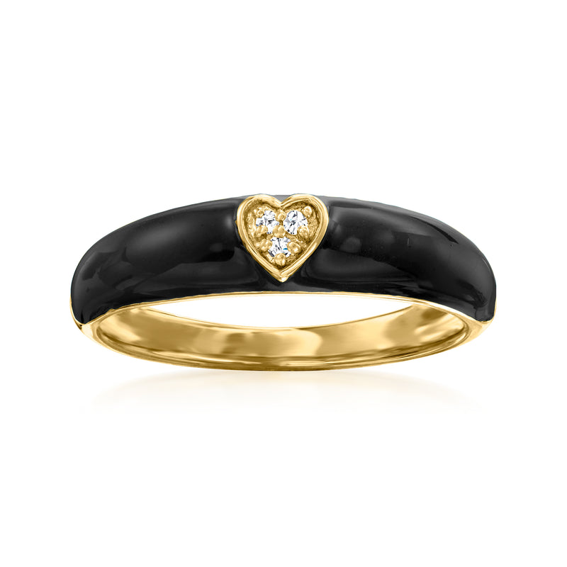 Heart diamond ring with black enamel band and gold-tone setting with sparkling stones