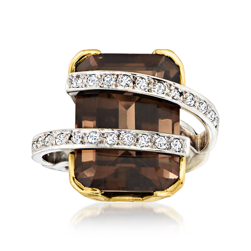 Two-tone gold cocktail ring with smoky quartz cushion and diamond pavé bands